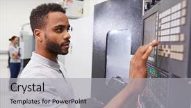  Presentation with cnc - Beautiful slide set featuring numerical - male engineer operating cnc machinery backdrop and a light gray colored foreground