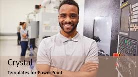  Presentation with cnc - Cool new PPT theme with numerical - portrait of male engineer operating backdrop and a coral colored foreground