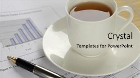  Presentation with business report - Theme featuring numerical analysis - cup of tea on business background and a light gray colored foreground
