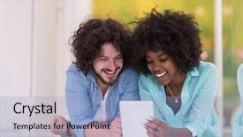  Presentation with young happy couple - Colorful slides enhanced with numerique - happy young multiethnic couple lying backdrop and a light blue colored foreground