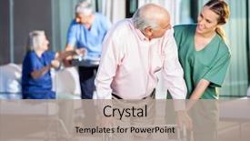  Presentation with audit nursing home - Presentation theme enhanced with nurse - happy female caretaker assisting senior background and a light gray colored foreground