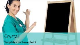  Presentation with 2018 goals text on white - Audience pleasing PPT theme consisting of registered nurse - lady doctor whit slate backdrop and a  colored foreground