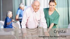  Presentation with helping man - Audience pleasing theme consisting of nurse - portrait of happy female caretaker backdrop and a light gray colored foreground