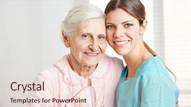  Presentation with caregiver - PPT theme enhanced with nurse - smiling caregiver embracing happy senior background and a lemonade colored foreground