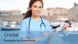  Presentation with nursing to nurse communication - Colorful theme enhanced with nurse - travel nursing concept yong doctor backdrop and a light blue colored foreground