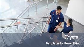  Presentation with stairs - Audience pleasing theme consisting of nurse - two healthcare colleagues talking backdrop and a ocean colored foreground