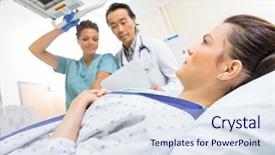  Presentation with radiologist - Audience pleasing theme consisting of nurse and radiologist taking female patient's xray in examination room - shallow depth of field focus on patient backdrop and a sky blue colored foreground