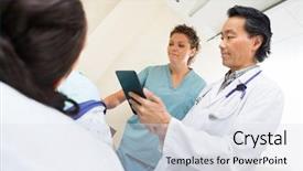  Presentation with xray - Presentation design having nurse and radiologist with digital tablet while female patient lying on xray table in examination room background and a sky blue colored foreground