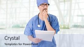  Presentation with doctor in hospital health insurance related icons healthcare person saving medical - Amazing slide deck having nurse cap - male doctor thinking backdrop and a  colored foreground