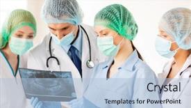  Presentation with multiracial team of young doctors stacking hands - Audience pleasing slides consisting of nurse cap - picture of young group backdrop and a light blue colored foreground