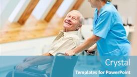  Presentation with nurse care - Amazing presentation design having nurse-cares-for-senior-man backdrop and a teal colored foreground