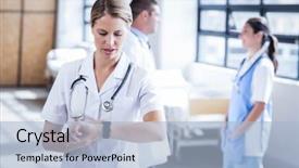  Presentation with icu nurse hospital patients - Amazing slide deck having nurse checking her smart watch backdrop and a light blue colored foreground
