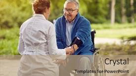  Presentation with hypertension - Presentation design consisting of nurse checking the hypertension assessment background and a coral colored foreground