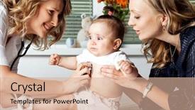  Presentation with baby nurse - Slide deck featuring nurse child - female doctor examining with stethoscope background and a coral colored foreground