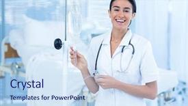  Presentation with intravenous - Colorful PPT theme enhanced with nurse connecting an intravenous drip backdrop and a sky blue colored foreground