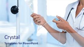  Presentation with intravenous - PPT layouts with nurse connecting an intravenous drip background and a sky blue colored foreground