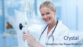  Presentation with intravenous - Theme featuring nurse connecting an intravenous drip background and a sky blue colored foreground