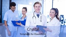  Presentation with report - Cool new PPT layouts with nurse day - portrait of doctors looking backdrop and a  colored foreground