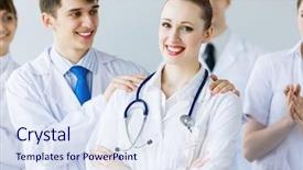  Presentation with maufacture of security uniform - Slide set featuring nurse director - attractive female doctor in uniform background and a  colored foreground