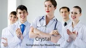  Presentation with director - Slides having nurse director - attractive female doctor in uniform background and a  colored foreground