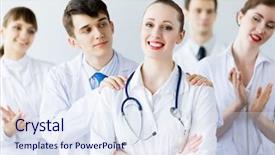  Presentation with director - PPT theme featuring nurse director - attractive female doctor in uniform background and a  colored foreground