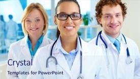  Presentation with coats - Slide set consisting of nurse executive - portrait of three clinicians background and a sky blue colored foreground