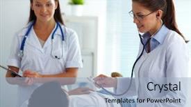  Presentation with female hospital patient - PPT theme enhanced with nurse executive - portrait of two female doctors background and a light blue colored foreground