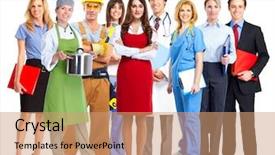  Presentation with global team workers - Beautiful PPT theme featuring nurse graduate - group of workers business people backdrop and a coral colored foreground