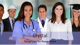  Presentation with large team - Colorful slide set enhanced with nurse graduate - team of professionals all standing backdrop and a light blue colored foreground