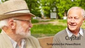  Presentation with two men on a judo - PPT layouts consisting of nurse hat - two senior men talking background and a coral colored foreground