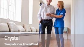  Presentation with helping man - PPT theme enhanced with nurse helping senior man walk background and a coral colored foreground