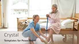  Presentation with helping - Slide deck having nurse-helping-senior-woman background and a coral colored foreground