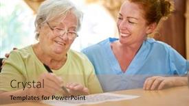  Presentation with dementia - PPT layouts with nurse-helps-elderly-woman background and a coral colored foreground