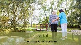  Presentation with learning - PPT theme featuring nurse-helps-patient-with-crutches background and a yellow colored foreground