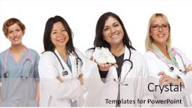  Presentation with baby nurse - Theme with nurse holding out baby shoes background and a soft green colored foreground