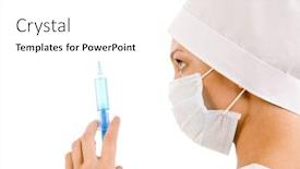  Presentation with mask nurse - Amazing PPT layouts having nurse in mask looking at syringe needle while checking volume of medicine in it backdrop and a white colored foreground