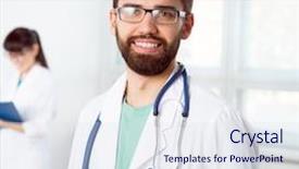  Presentation with leader - PPT theme enhanced with nurse leader - portrait of a young doctor background and a sky blue colored foreground