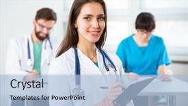  Presentation with female leader - PPT theme with nurse leader - portrait of a young female background and a  colored foreground