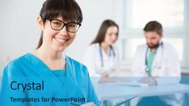  Presentation with female leader - Colorful slide set enhanced with nurse leader - portrait of a young female backdrop and a teal colored foreground