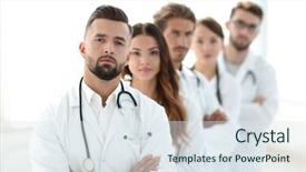  Presentation with labor and delivery medical team - PPT theme featuring nurse leader - portrait of medical team standing background and a sky blue colored foreground