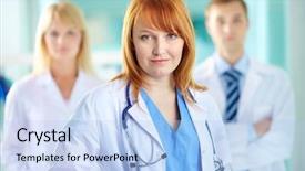 Presentation with camera - Beautiful presentation featuring nurse leader - portrait of pretty clinician backdrop and a light blue colored foreground