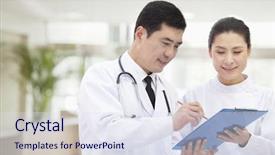  Presentation with teamwork nurse doctor - PPT theme featuring nurse looking at medical record background and a  colored foreground