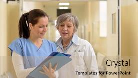  Presentation with files - Amazing PPT theme having nurse looking at patient files backdrop and a coral colored foreground