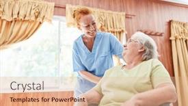  Presentation with rehab - PPT theme featuring nurse-looks-after-elderly-woman background and a coral colored foreground