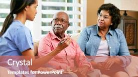  Presentation with senior couple - Slide deck consisting of nurse making notes during home background and a coral colored foreground