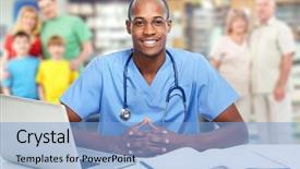  Presentation with african american men - Beautiful presentation theme featuring nurse men - african-american doctor man over hospital backdrop and a light blue colored foreground