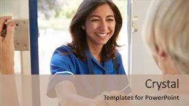  Presentation with nurse visiting family a new born - Colorful PPT layouts enhanced with nurse on home visit greets backdrop and a coral colored foreground