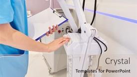  Presentation with nurse - Audience pleasing slide set consisting of nurse-operates-a-medical-device backdrop and a soft green colored foreground