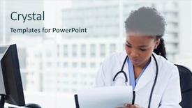  Presentation with female office graphics - Slide set enhanced with nurse practitioner - female doctor signing a document background and a sky blue colored foreground