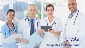  Presentation with team working together - Presentation design enhanced with nurse practitioner - team of doctors working together background and a sky blue colored foreground